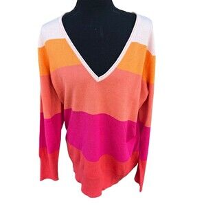 New York & Company Orange Pink Long Sleeve Colorblock Tight-Knit Sweater Size XL